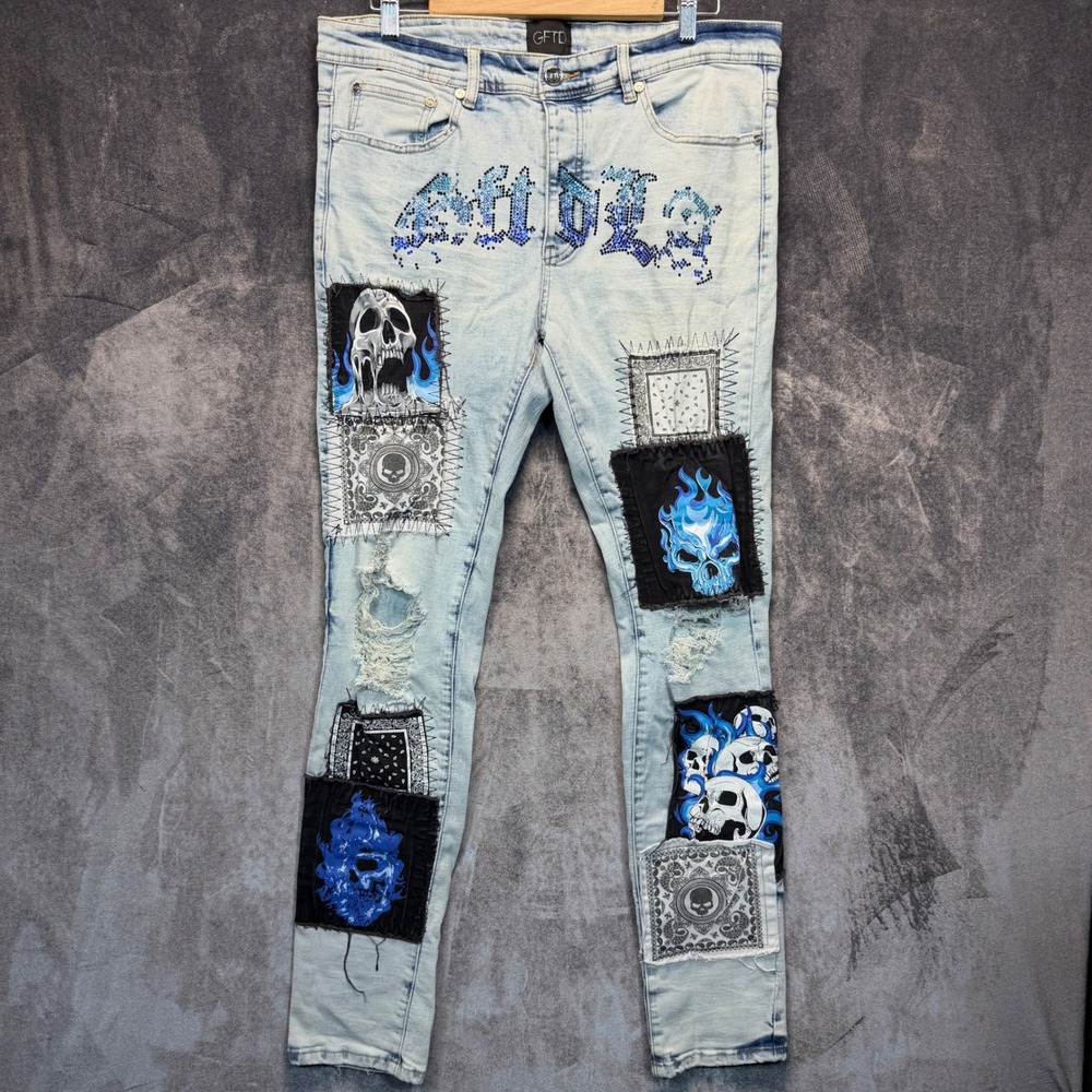 GFTD LA Jeans Womens 34 Light Blue Denim Patched Skulls Rhinestone Skinny y2k